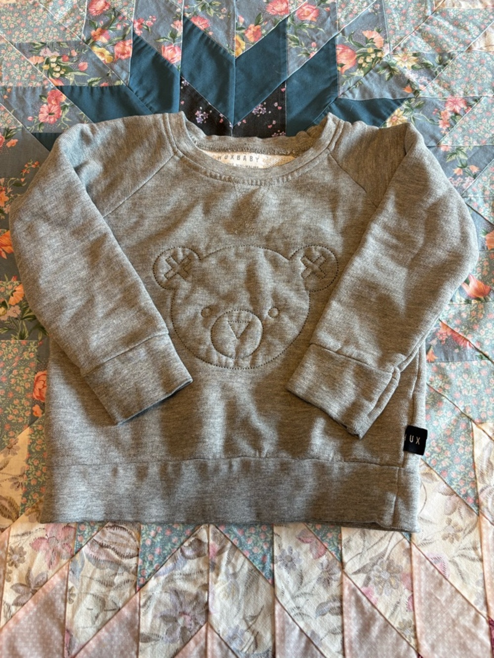 Huxbaby Grey Bear Appliqué Crew Sweatshirt